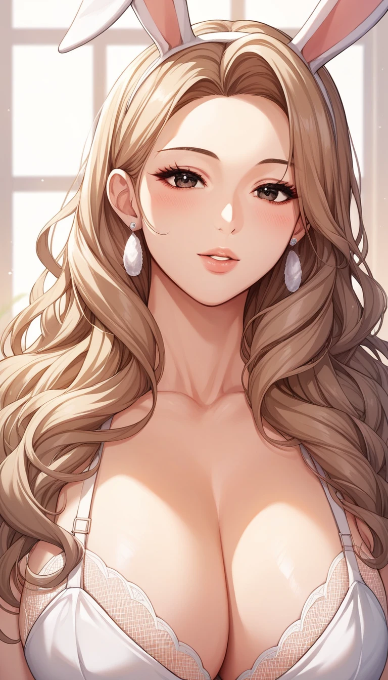 score_9, score_8_up, score_7_up, score_6_up, score_5_up, score_4_up, nari, black eyes, light brown hair, long hair, curly hair, masterpiece, best quality, ultra-detailed, higres, 1girl, solo, mature female, beautiful and perfect face, detailed eyes, detailed eyelashes, looking at viewer, Bunny girl、Beautiful mature woman、High heels、Fishnet tights、Sexy eyes、Brown eyes、Earrings, large breasts, wide hips, curvy, close shot, indoors, blur background