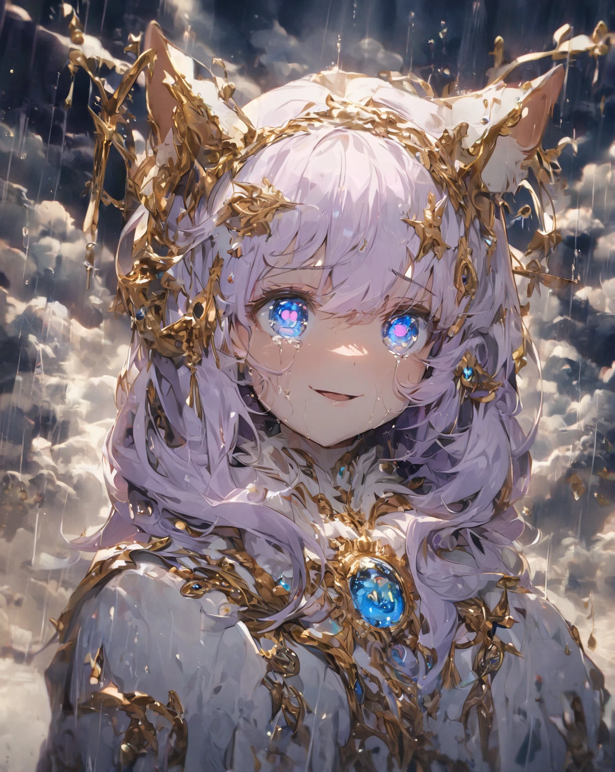 Masterpiece, 4k, anime mature style, eyes focus, laterale shot, 1nekogirl, neko ears with White fur,  Light purple hair, sky blue eyes, cloud inside sky blue eyes. ((gold details only inside the eyes)) She is looking up at the rainy sky.  Look up. she prefers to get wet with rain.  She is crying but she has a small smile. Ultra detailed eyes. Colors:0.3black,0.3blue,0.2purple,0.15white,0.05gold. It is raining, 
It's a sad shot composition, it make you reflect on life. Eyes are oversatured and bright, the rest is undersaturated and dark. Macro face shot . She has eyes a little closed cause shes crying by the happyness. Hdr. Zoom face. 