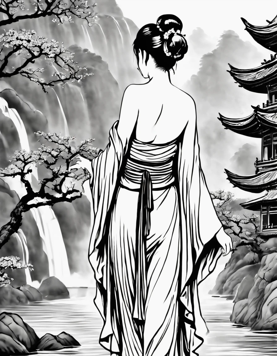 Chinese traditional ink body art style, (Use simple lines to outline the graceful figure of women),Beautiful back, undulating lines, Thick and thin lines, ,
Line Art, Black and White,figure,Line Art,Lyrical Abstraction, Fountain Pen Art,Gel Pen,crayon art,