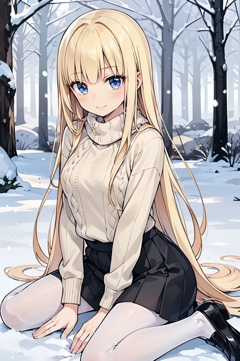 Safe for work, masterpiece, best quality, solo, 1 girl,  cute girl, wholesome girl, (young female body:1.4), ( medium small breasts), cowboy shot, shy smile, flustered, yellow hair, voluminous wavy hair, extra long hair, hime cut, very blunt bangs, light blue eyes, detailed eyes, snowy forest trees, snow, hiromashimav1, black pleated skirt, white knitted jumper, knitted sweater, oversized white sweater, short black skirt, white pantyhose, black skirt, sitting in the snow, kneeling on the ground snow, white pantyhose, black shoes