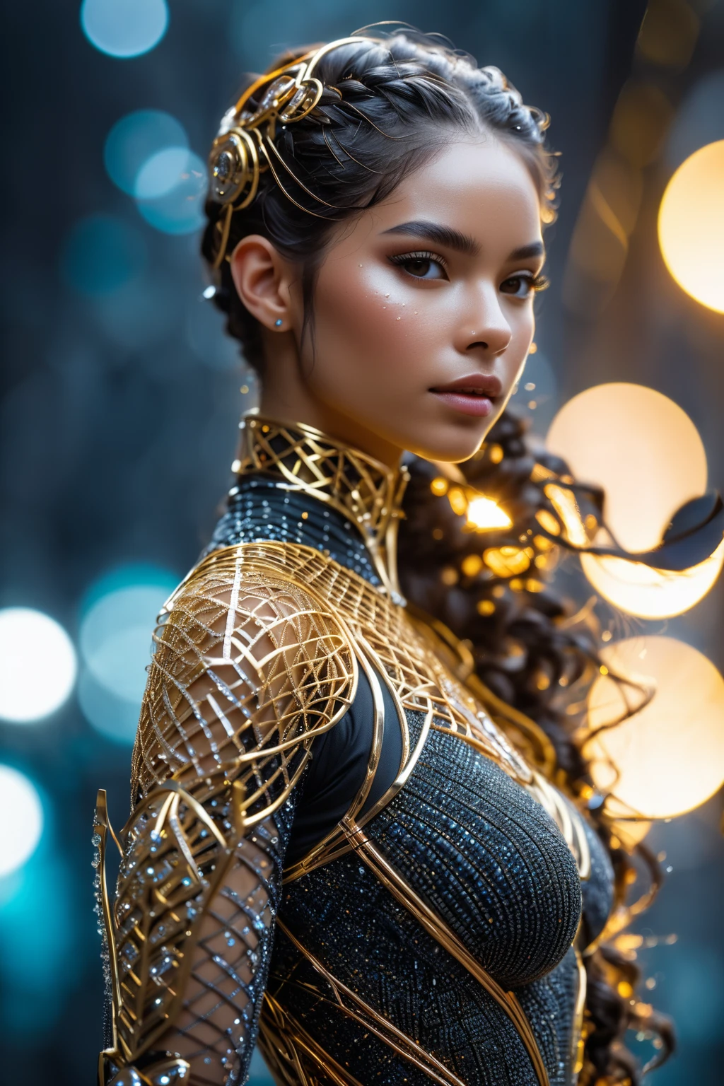 close up shot, professional 3d model , 3 d printed fit 18 y.o. female cyborg made from twisted gold and black filigree bent wire, wireframe, mesh,ornate and intricate, inner biocore,highly detailed translucent skin with hair and very faint freckles, translucent, dew drops, hdr, smooth, sharp focus, high resolution, award winning photo, 80mm, f2.8, bokeh, tropical environment, octane render, highly detailed, volumetric, dramatic lighting,ethereal forest with enchanted flora and fauna in a mystical and magical setting