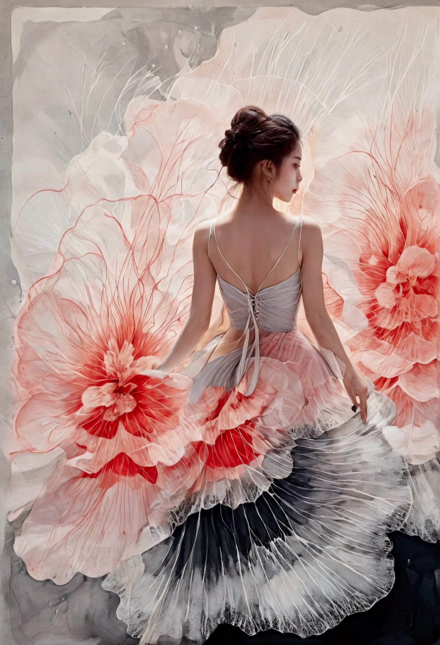 Chinese traditional ink body art style, (Use simple lines to outline the graceful figure of women),Beautiful back, undulating lines, Thick and thin lines, , Line Art, Black and White,figure,Line Art,Lyrical Abstraction, Fountain Pen Art,Gel Pen,crayon art,