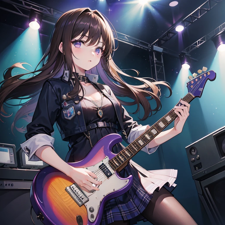 Masterpiece, best quality, high quality, 1girl, Solo, 21 years old, has Long Brown hair, has Purple eyes, wears a rock band outfit clothes, playing on a Blue Rock guitar, has OneBlue Rock guitar on her hands, in the stage, Dark in the room, colorfull Lamps lights