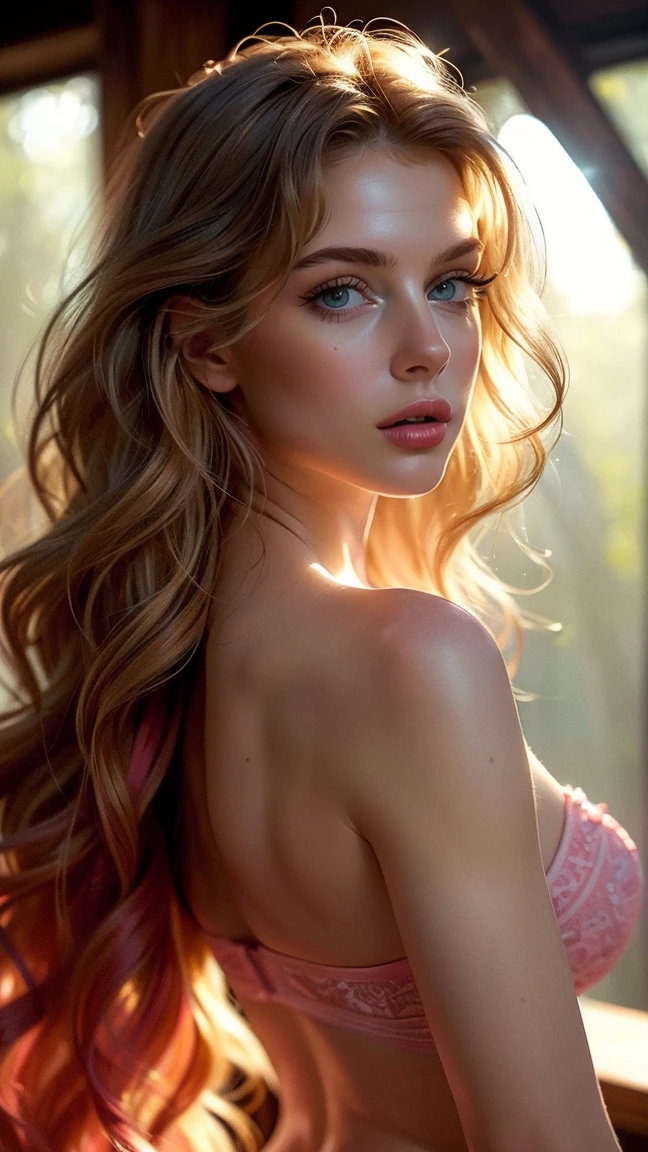 (((ultra realistic))) Photo, masterpiece, top quality, (pale skin), (Ultra detailed face and eyes:1.3), 1 girl, Adult, In Lifchik, ((Eye makeup, pink mascara)), ((large detailed lips)), ((pink wavy hair)), ((Chyolka)) , (Natural breasts), Slim waist. ((Posing)), photoshoot, studio (contour lighting), (The play of light and shadows), depth of field, bokeh, (special attention to skin detail: 1.2), Detailed leather texture, skin pores. (Light atmosphere of the frame. Color range - delicate, Bright, Yellow tones), UDR, ((Film grain)), ((rays)), (Glare), ((Photo from the back)) , ultra detialed,