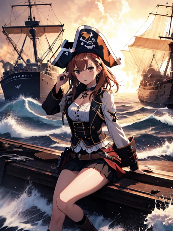 (Pirate War), Ship Explosion, night, typhoon, Misaka Mikoto, highest quality, 1girl, uhd, retina, masterpiece, ccurate, anatomically correct, textured skin, super detail, high details, high quality, best quality, highres, 4K