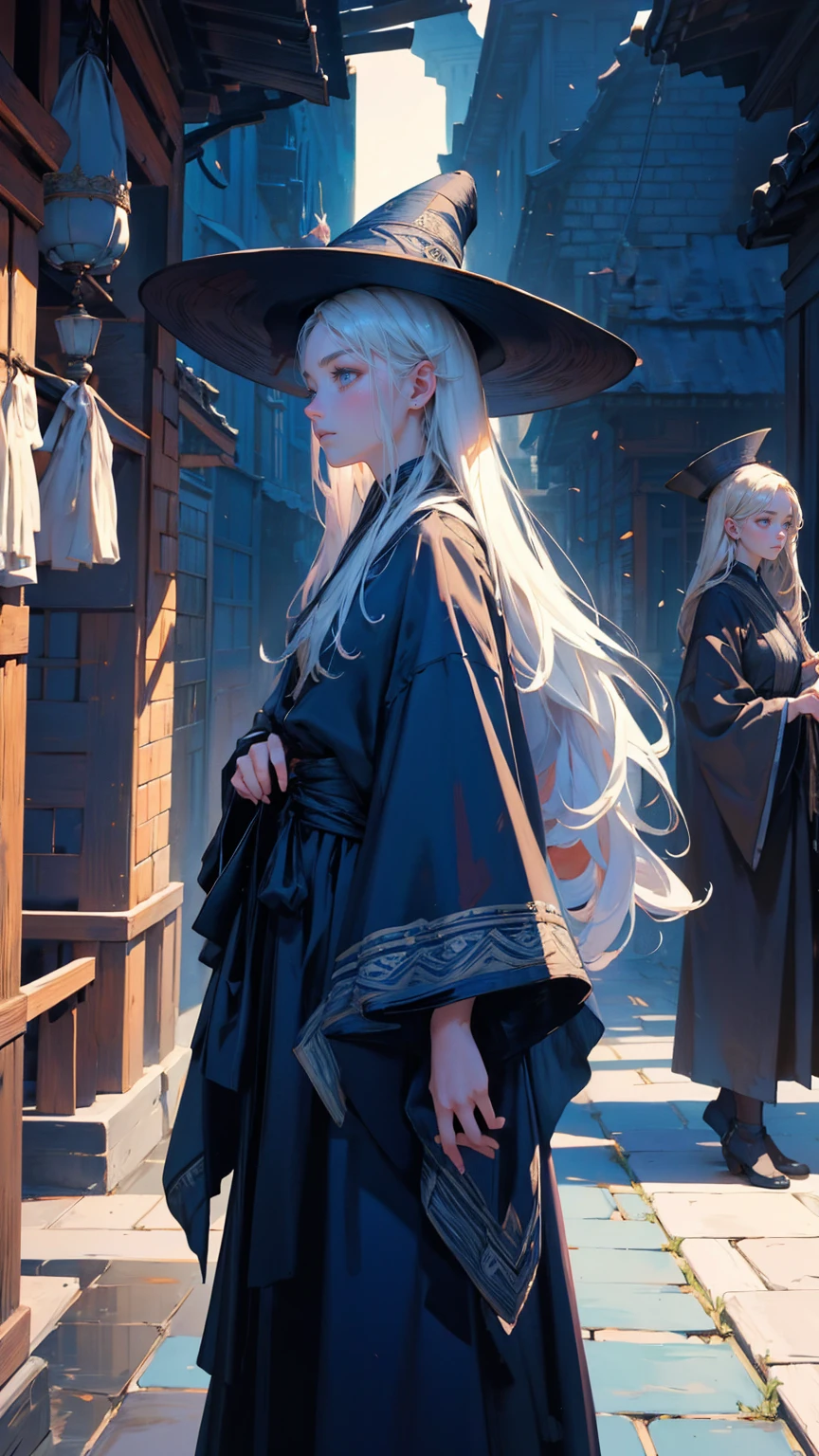 A hyper-realistic photograph of a group of people standing in a traditional setting, all dressed in dark, intricate robes and wearing large, conical hats. Their faces are painted in a pale, almost ghostly blue, and they have a stoic, serious expression. The background includes traditional architecture with tiled roofs and blurred greenery, adding a serene yet mysterious atmosphere. Replace the people with beautiful, cute girls while maintaining the same hyper-realistic, traditional, and mysterious style and atmosphere. Ensure the new characters have similarly styled clothing and expressions to fit seamlessly into the scene. The background and overall color scheme should remain exactly the same.