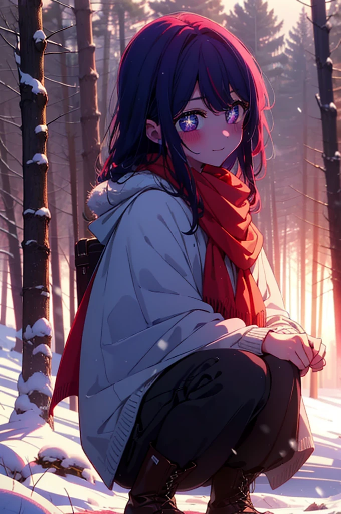 aihoshino, Ai Hoshino, Long Hair, bangs, (Purple eyes:1.1), Purple Hair, (Symbol-shaped pupil:1.5), smile,,smile,blush,white breath,
Open your mouth,snow,Ground bonfire, Outdoor, boots, snowing, From the side, wood, suitcase, Cape, Blurred, , forest, White handbag, nature,  Squat, Mouth closed, Cape, winter, Written boundary depth, Black shoes, red Cape break looking at viewer, Upper Body, whole body, break Outdoor, forest, nature, break (masterpiece:1.2), Highest quality, High resolution, unity 8k wallpaper, (shape:0.8), (Beautiful and beautiful eyes:1.6), Highly detailed face, Perfect lighting, Highly detailed CG, (Perfect hands, Perfect Anatomy),