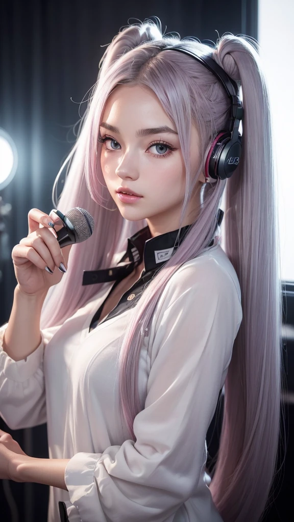 (A photo of a beautiful girl in fashionable casual clothes wearing headphones and singing into a recording microphone in a recording studio was posted on social media.) (The beautiful girl is 17 years old, 18% Japanese, 26% French, and 56% Ukrainian, 178 cm tall, small bust but stylish, with a beautiful, well-balanced figure.) (Her hair is pink ash gray and super long, tied in twin tails with black ribbons, and curls in a spiral toward the tip.) (Her eyebrows are the same color as her hair, thin, slightly thick and short, and her eyelashes are long.) (Her large blue eyes reflect the light of the lighting and are amazingly beautiful like pearls.) (Her nose is high like an English person, her lips are plump and shaped so that you want to kiss them, her skin is translucent white, and the balance between her head and face is in line with traditional Japanese aesthetics.) Her hands should have five fingers. Furthermore, even her nails are drawn very delicately. (Single, Masterpiece, Ultra Detailed, Highest Quality, Artistic Composition, Ultra Precision, Realistic, Photorealistic, High Resolution, Dynamic Lighting Effects, Golden Ratio, Surreal). Try your best to meet all these criteria.