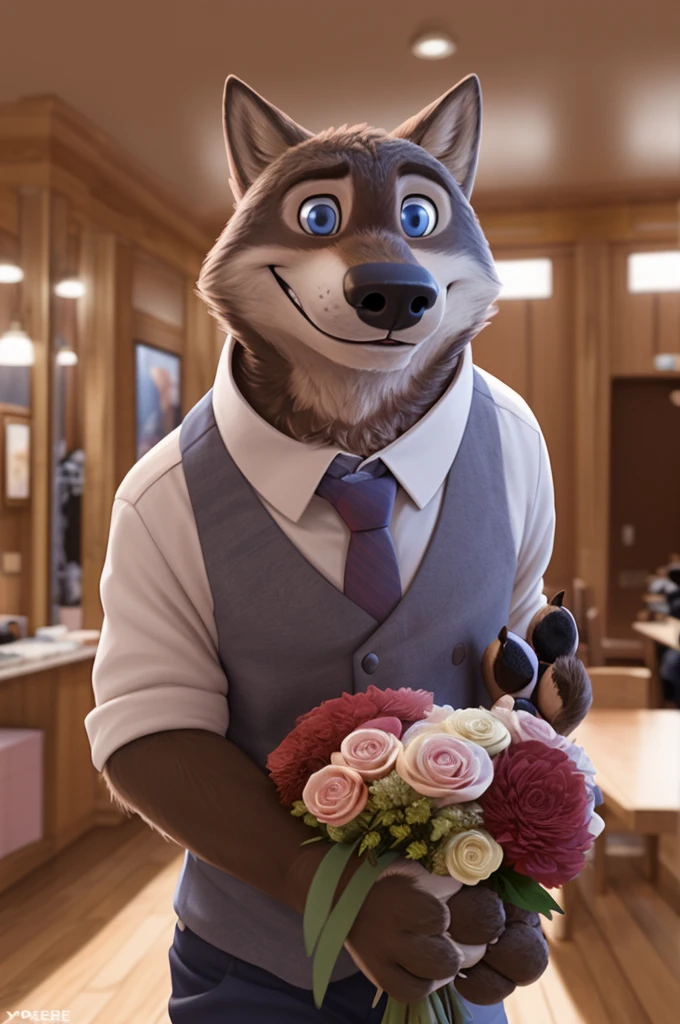 Larry (Zootopia), wolf, gray fur, (brown body:1.3), beautiful blue eyes, Zootopia, dressed,white jacket, pink shirt,White pants,burgundy bow tie,canine,wolf, detailed fur, Male, second, paw pads, finger claws,wears a bow tie, games,At the viewer, 5 fingers, paws, 4 toes, in the wedding palace, groom,ring, holds, flowers for wife,
BREAK from nextel, for dating, by xenoforge, (difficult, high detail,digital photography, soft focus, RAW, close to the camera, smile, positive, Good, mood, Houses, looks at the viewer, очень close to the camera, In the shop,his wedding, wedding palace combination,
photorealism, realistic, photorealistic,digital style, subsurface scattering,очень close to the camera
шедевр, Best quality, ultra realistic, 8 thousand.)