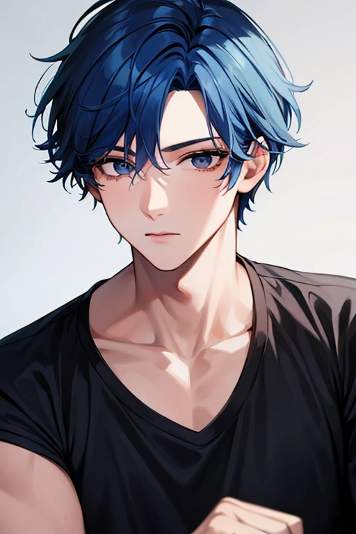 1 boy, Handsome, blue hair, black eye, age 18, ID Photo, pretty, Short hair, student