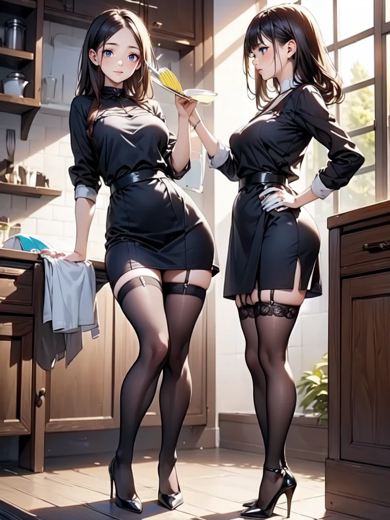 (masterpiece:1.3),(best quality, highest quality),((Full Body Shot,Including face)),1girl,4K,masterpiece,((Focus on the face)),((Symmetrical facial features)),Beautiful woman,(slender),((High heels,Patterned stockings with straps)),Detailed depiction of the face, Cafe clerk ,bar counter,profile,Long skirt,slenderな女性,Cafe uniform,Age 25,(Wiping the dishes:1.5)