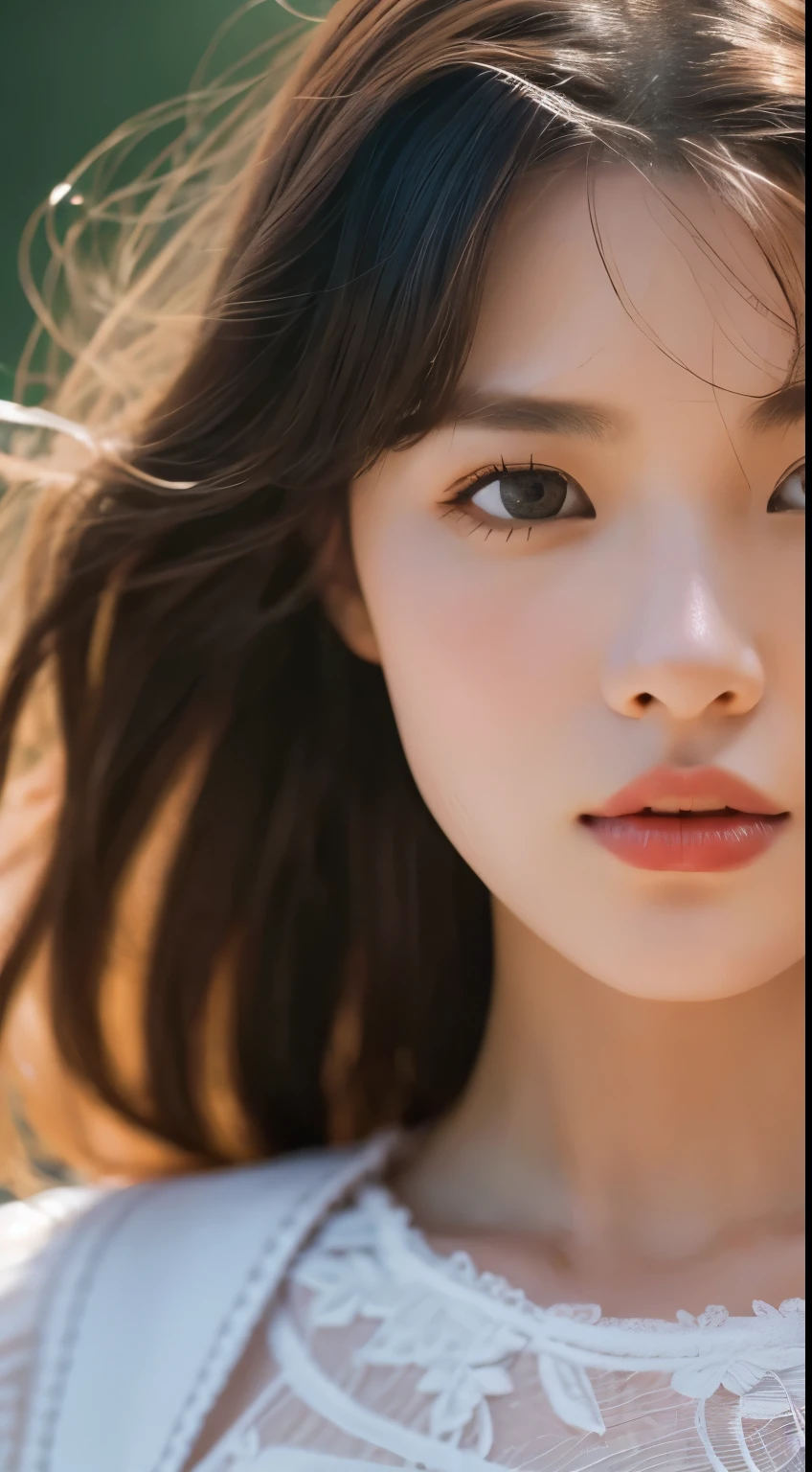(daydream), 1 woman, Solo Photography, Kim Yu-jeong, (pretty young face (Russian)), focus chest, (insult strip color hair), (lace dress), (8k HD highly realistic and detailed faces:1.5 (soft scene, very low lightning), detailed beautiful reflection student, masterpiece:1.3, super fast:1.2, dynamic lighting)