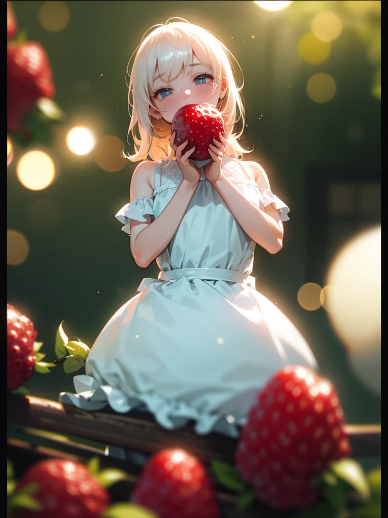 (Sumilux f1.4 50mm , low Latitude old color negative film , cross process , bokeh, flare, chromatic aberration , soft focus, (Shallow focus) , soft glow , Maximum aperture, low Key , Transparent depiction)  , coquettish girl , showing off ２ small strawberrys , strawberry to mouth , Caressing the strawberries , Pour condensed milk