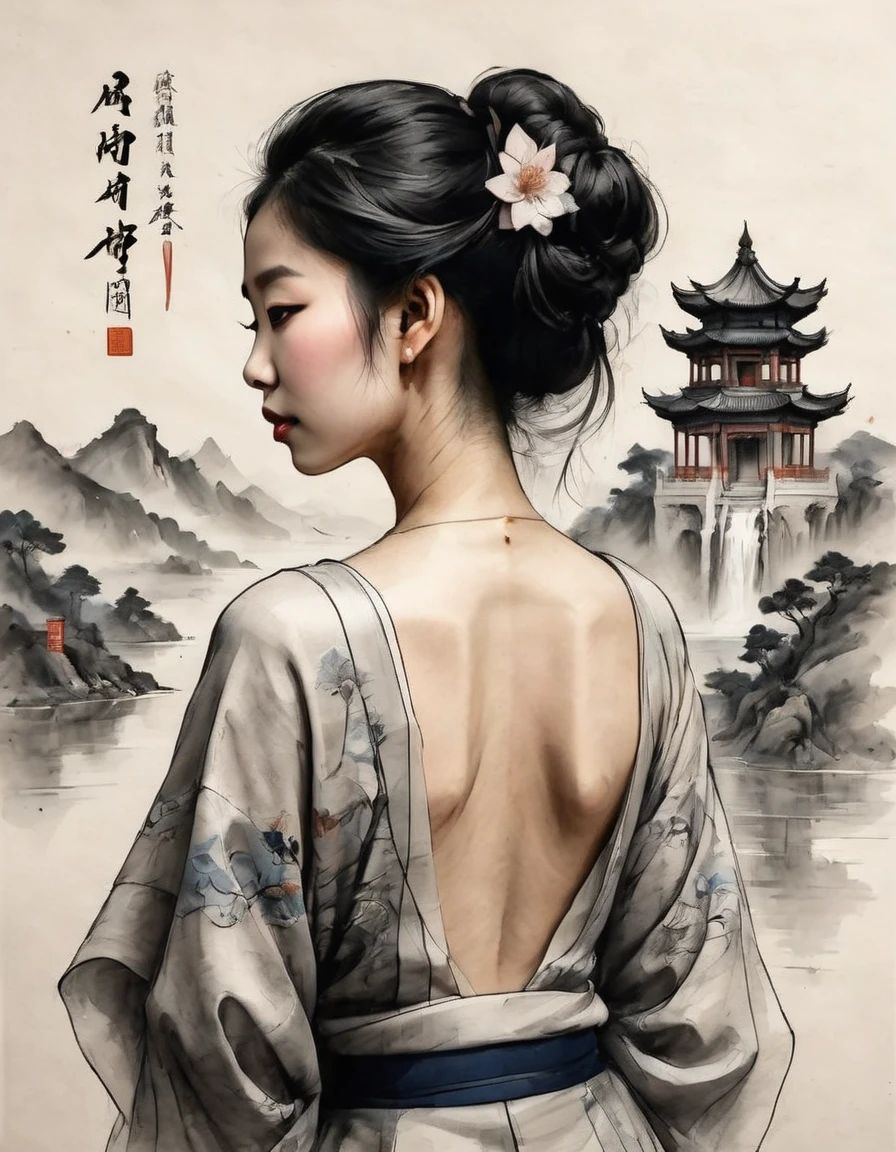 Chinese traditional ink body art style, (Use simple lines to outline the graceful figure of women），Beautiful back， undulating lines, Thick and thin lines, ,
Line Art, Black and White,figure,Line Art,Lyrical Abstraction, Fountain Pen Art,Gel Pen,crayon art,