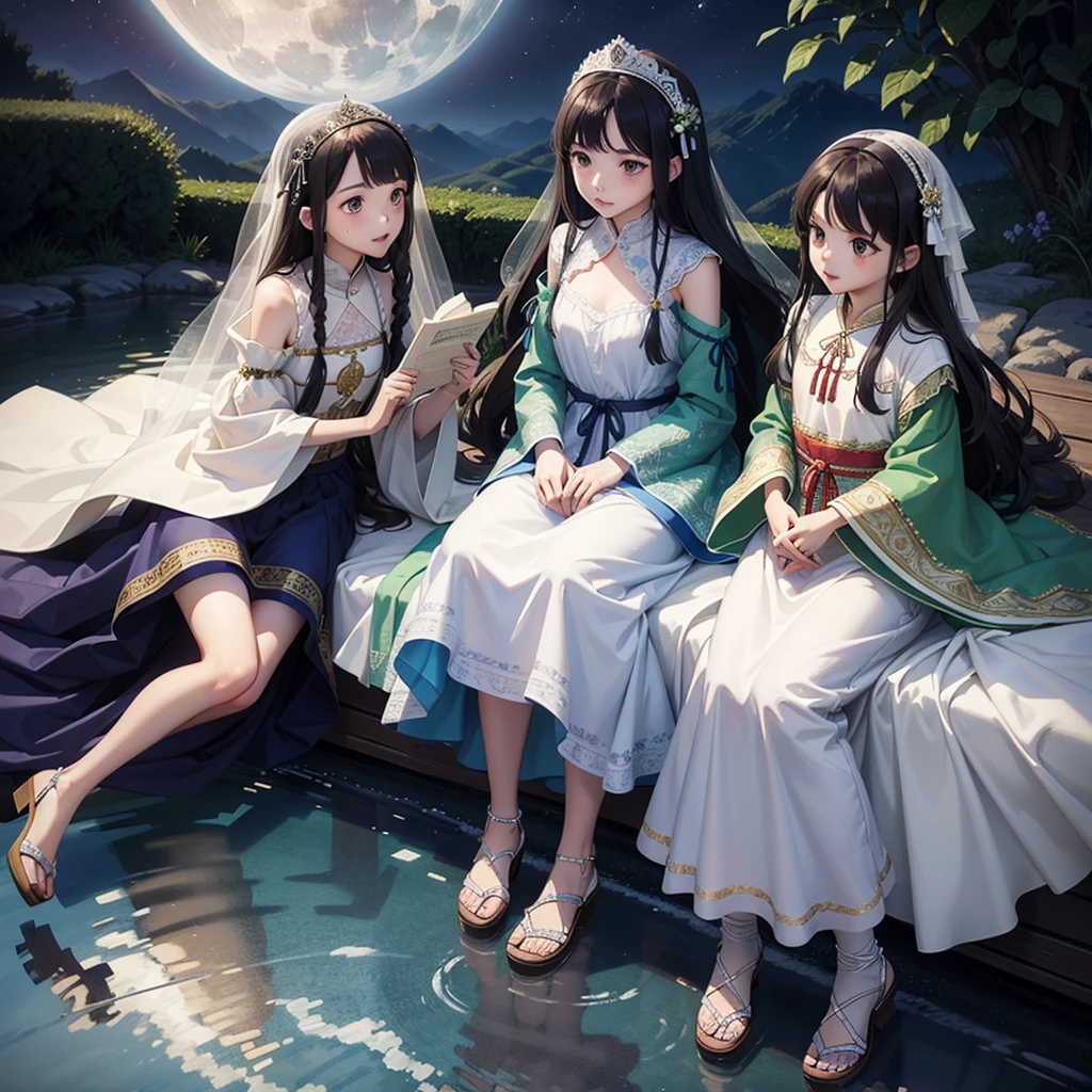 最high quality、high quality、10 years old、Brightly embroidered folk costumes from Central Asia and the Caspian Sea region、Bride Girl、Moonlight meadow、moonlight、Long dress