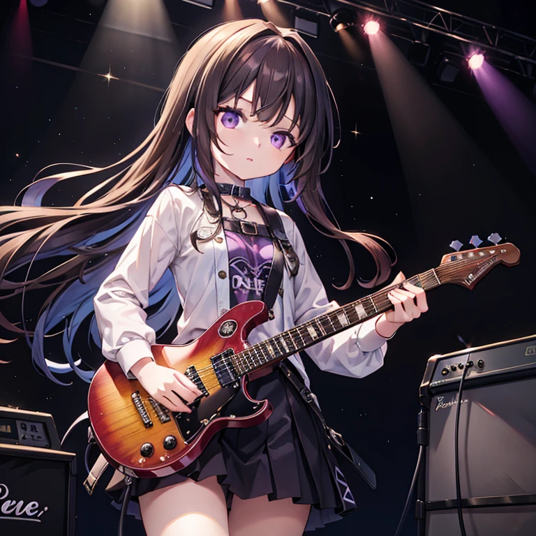 Masterpiece, best quality, high quality, 1girl, Solo, 21 years old, has Long Brown hair, has Purple eyes, wears a rock band outfit clothes, playing on a Blue Rock guitar, has OneBlue Rock guitar on her hands, in the stage, Dark in the room, colorfull Lamps lights