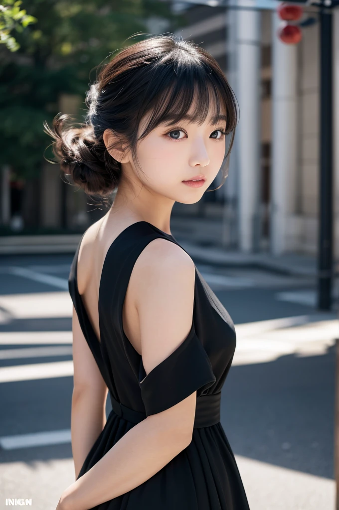 Japanese Black dress figure Wearing a black dress Wide Shot Nikon Cameras Shot with Nikon Z9 主観photograph beautiful Looking back Real Small face Whitening Loose fluffy curls fine whole body photograph By Irwin Bowen
