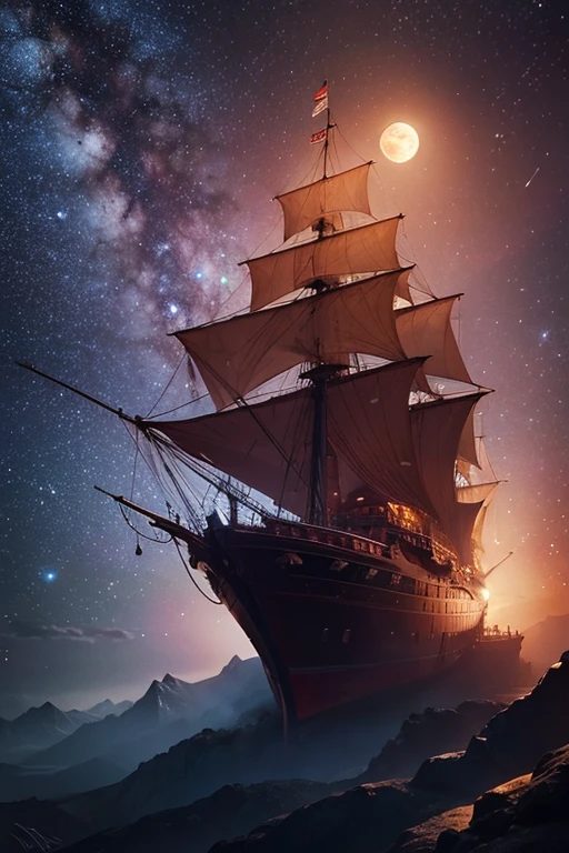 Floating ship in mountain, night with lot of stars, full red moon on background.