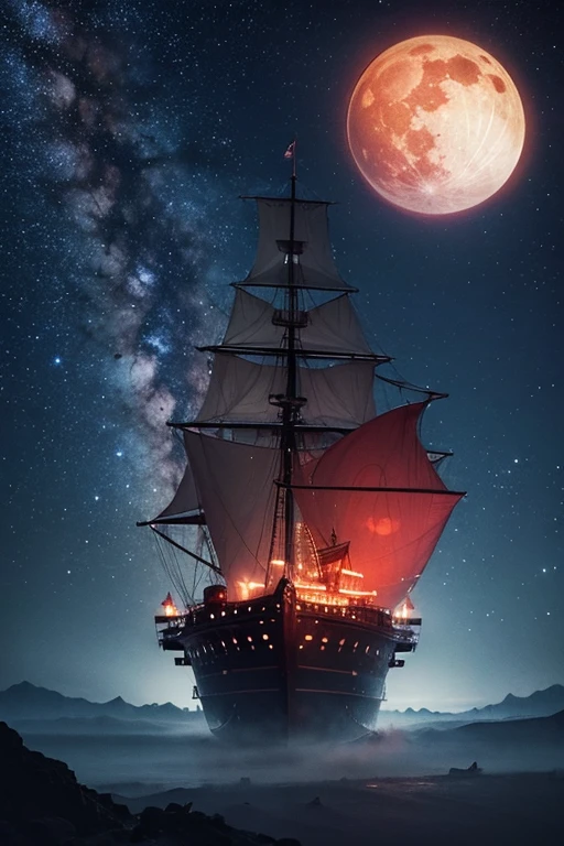 Floating ship in mountain, night with lot of stars, full red moon on background. 