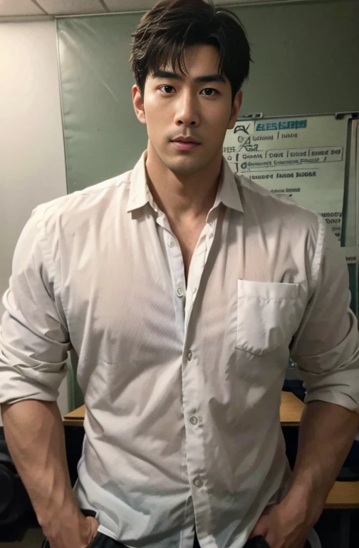 1 handsome asian guy，35 years old，University teacher，Husband，Classroom‎Class，shirt with his chest , wearing  shiny shirt, unbutton shirt ，tall，Muscular，hairy bodies，（thin eyes 1：3），fully body photo, lewd face, tight chest, sweat