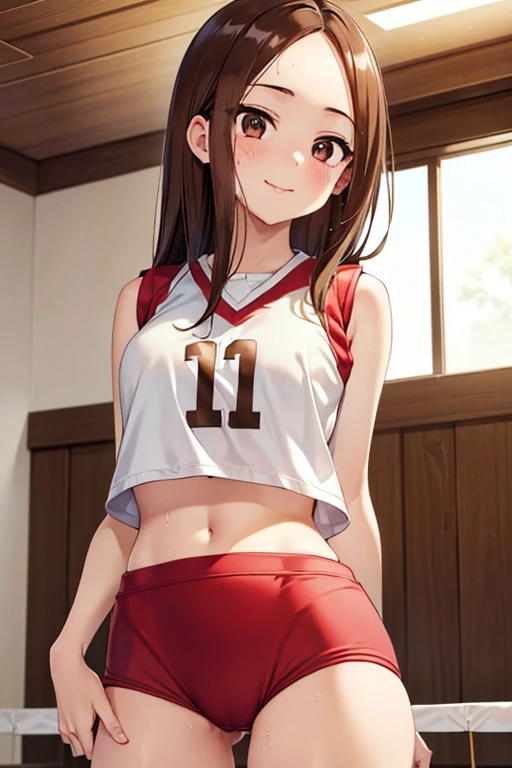 Takagi-san、Shiny brown hair, Straight Long Hair,((Medium chest、Forehead、Center part))、 Beautiful brown eyes、smile、Sparkling eyes, (fine grain)、Very fine eye、Highly detailed face, Highly detailed eyes, Cowboy Shot、
(masterpiece:1.4)、(highest qualそれy:1.4)、Ultra-high resolution、Forehead、Center part
美しいイラスト, Perfect lighting, Natural light, Depth of written boundary, ,
View your viewers, 1 girl, high school girl, Volleyball Player, (Perfect Anatomy, Anatomically correct, Highly detailed skin), Cute and symmetrical face, , Perfect Face, Perfect Eyes,
((Detailed cloth texture, (Sleeveless volleyball uniform), (highleg buruma), (Crop top:1.1), Bloomers, Bloomers, ), ), Camel Toe, Nipple hardening,,
(Beautiful views), evening, ((Volleyball Gymnasium, Volleyball court)), (Sexy pose), (かわいらしいsmile, Lips parted, Sweaty),