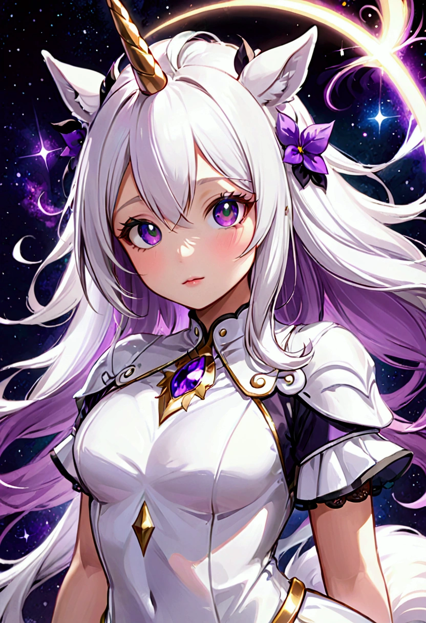 Unicorn Anthropomorphic Female High detail White hair Purple pupils