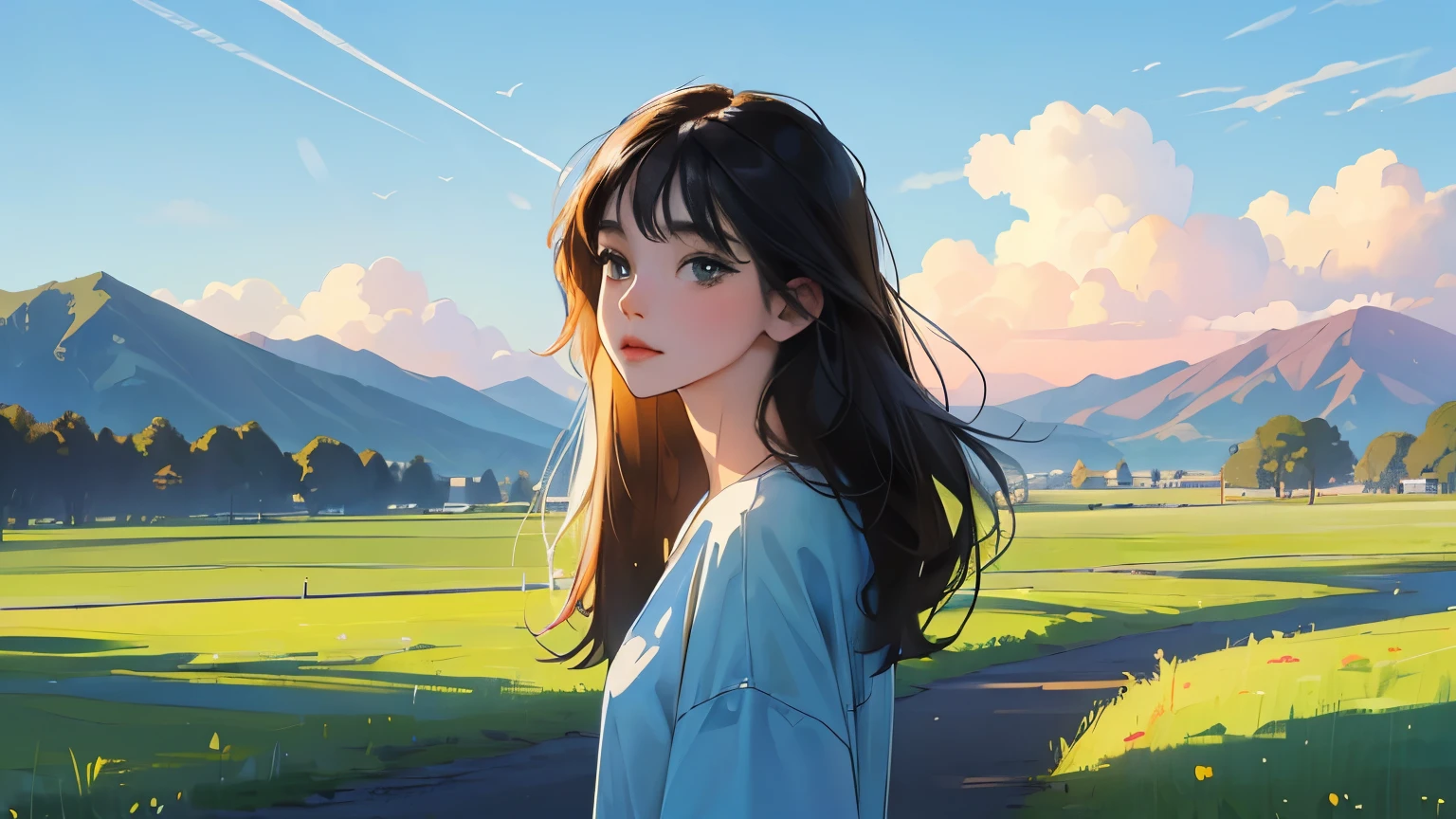 ((masterpiece)),(((bestquality))),((ultra-detailed)) realisticlying, 1 girl, Beautiful, shirt, black hair, , The sky morning, blue sky, green, looking to viewer, road