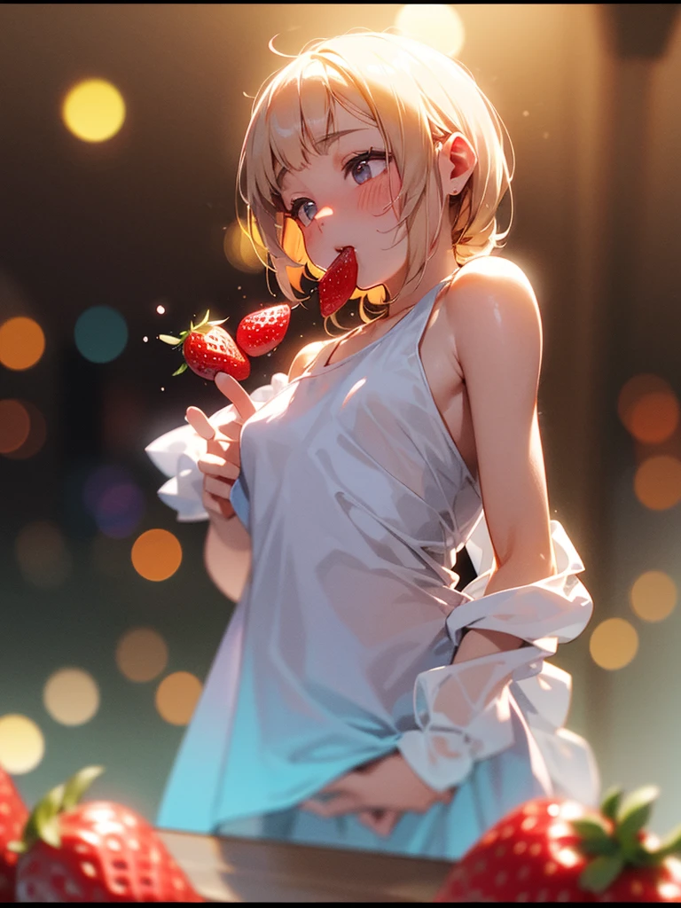 (Sumilux f1.4 50mm , low Latitude old color negative film , cross process , bokeh, flare, chromatic aberration , soft focus, (Shallow focus) , soft glow , Maximum aperture, low Key , Transparent depiction) , coquettish girl , showing off 2 small strawberrys , strawberry to mouth , Caressing the strawberries , Pour condensed milk