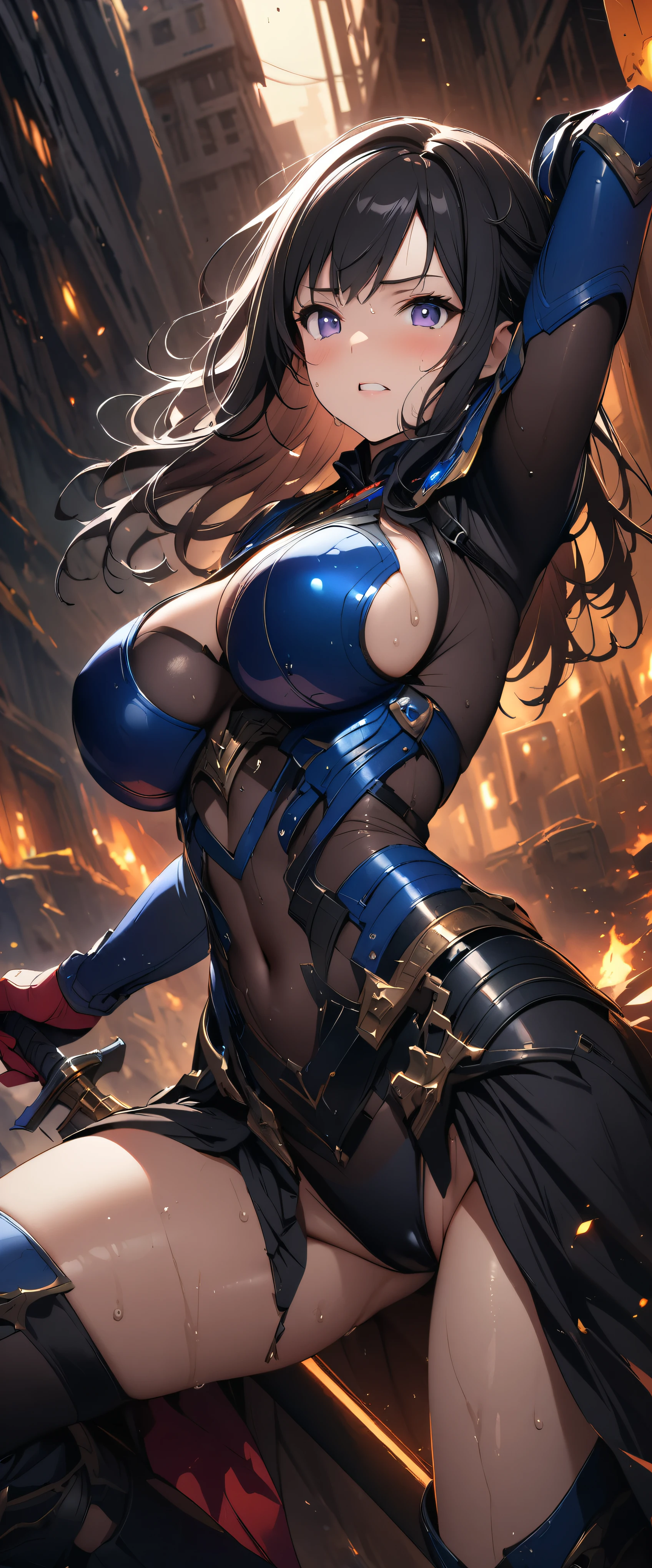 (((masterpiece)))、((Highest quality))、(Super detailed)、(CG illustration)、(Very beautiful girl))、Cinematic Light、((1. Fantasy Girl))、 sf、Apocalypse、Erotic and grotesque、(Beautiful and luxurious:1.2)、(One Girl:1.3)、look forward to,Highly exposed armor,,Big Breasts,Black Hair,,Wet with sweat,Dynamic pose,Reina,Holding a sword
