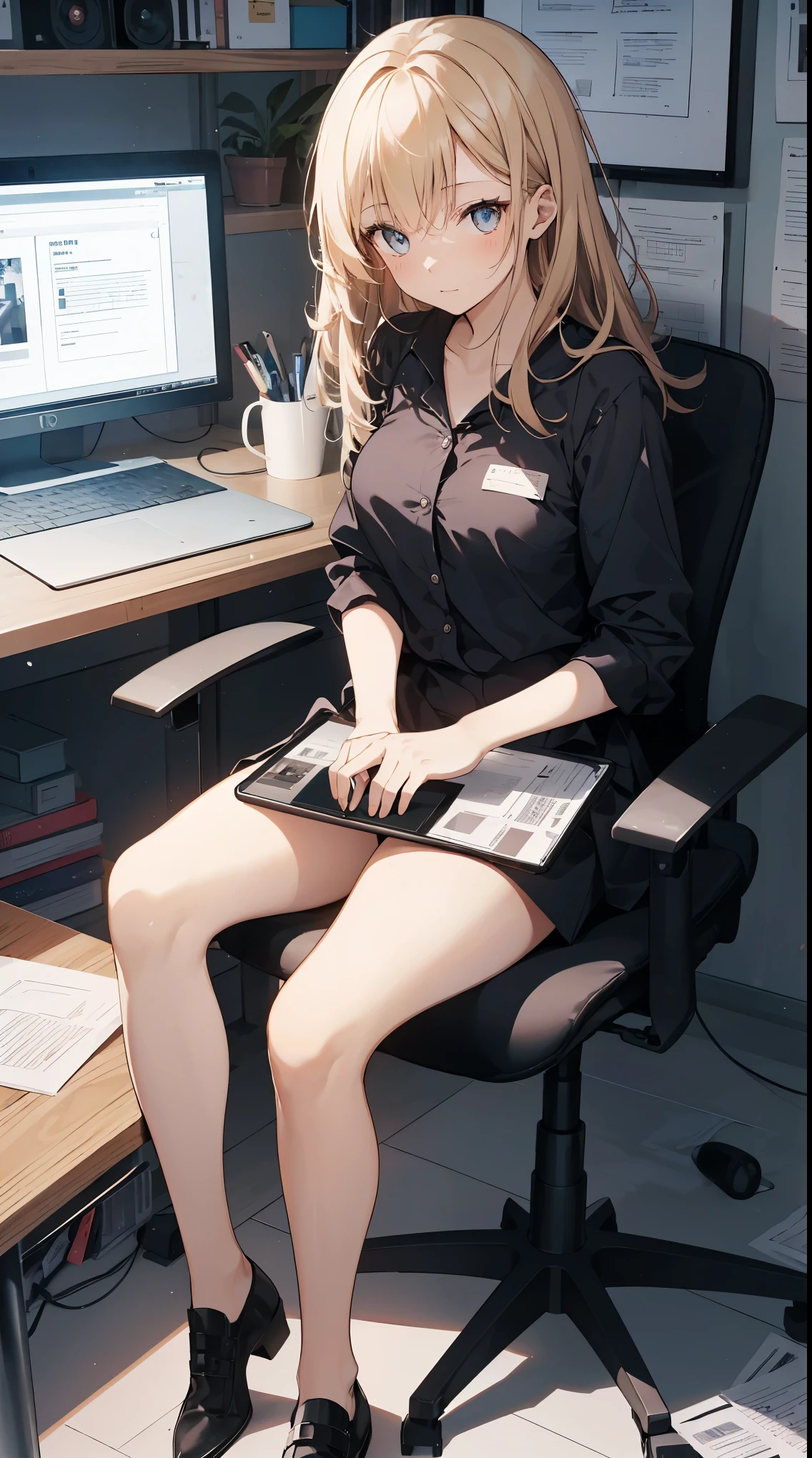 This illustration depicts a cute girl working in an office in a high-rise building, at a moment when she is tired of the situation. She is working on her laptop and is facing the monitor. His eyes are shining. Inside the room are piles of documents, an office desk and chair, a monitor, etc. However, the most notable thing is the "final mysterious high-energy body" she emits. This energy body is released from her body and has the power to obliterate the garbage in the room. emits a pale, white light that reaches every corner of the room. The view from the window is a night view. A girl with a satisfied expression is sitting.(night)