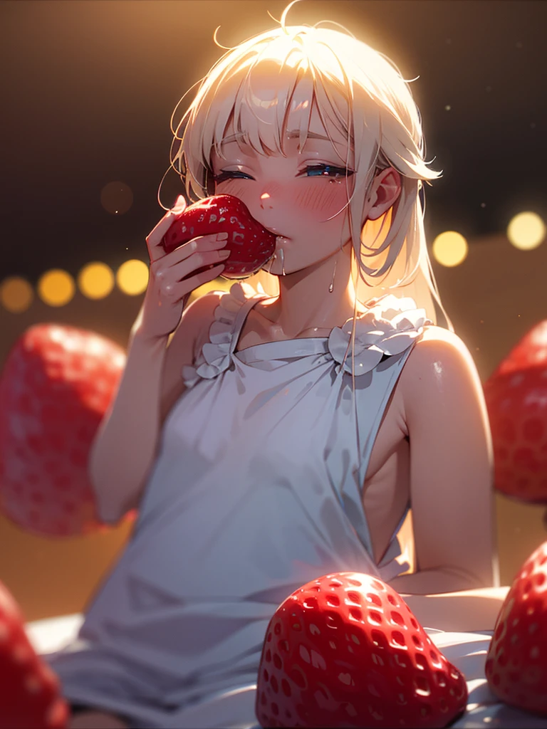 (Sumilux f1.4 50mm , low Latitude old color negative film , cross process , bokeh, flare, chromatic aberration , soft focus, (Shallow focus) , soft glow , Maximum aperture, low Key , Transparent depiction)  , coquettish girl , showing off ２ small strawberrys , strawberry to mouth , Caressing the strawberries , Pour condensed milk