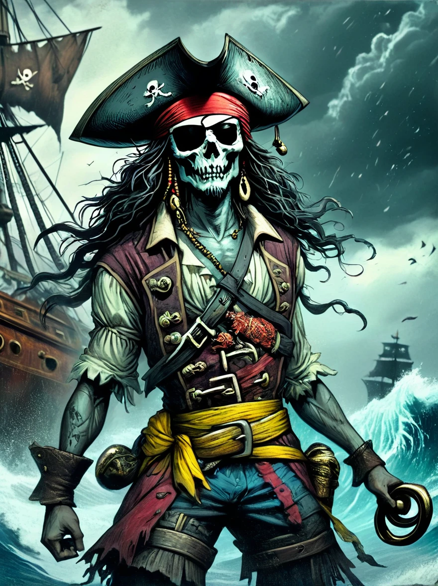 (Pirate Wars:1.9)，(A dark fantasy style scene of a pirate on his ship battling a Kraken. The pirate, with an Asian descent and male gender, stands bravely on the ship's deck. He wields a cutlass and the ship is tattered, evidencing numerous past battles. Emerging from the turbulent sea, the monstrous Kraken unfurls its giant tentacles, reaching for the ship and the pirate. The overall ambience is ominous and foreboding, with stormy seas and dark clouds overhead). (whole body:1.3), Rich expression, gloomy, Gothic horror, illustration, Strange, exaggerated, The background is Pirate Wars，Dark theme elements, Pencil Sketch