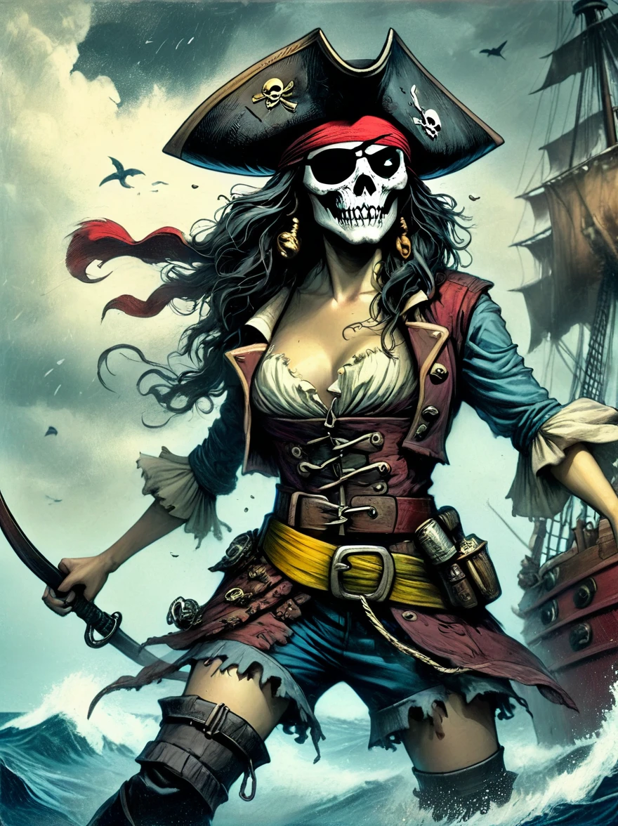(Pirate Wars:1.9)，(A dark fantasy style scene of a pirate on his ship battling a Kraken. The pirate, with an Asian descent and male gender, stands bravely on the ship's deck. He wields a cutlass and the ship is tattered, evidencing numerous past battles. Emerging from the turbulent sea, the monstrous Kraken unfurls its giant tentacles, reaching for the ship and the pirate. The overall ambience is ominous and foreboding, with stormy seas and dark clouds overhead). (whole body:1.3), Rich expression, gloomy, Gothic horror, illustration, Strange, exaggerated, The background is Pirate Wars，Dark theme elements, Pencil Sketch