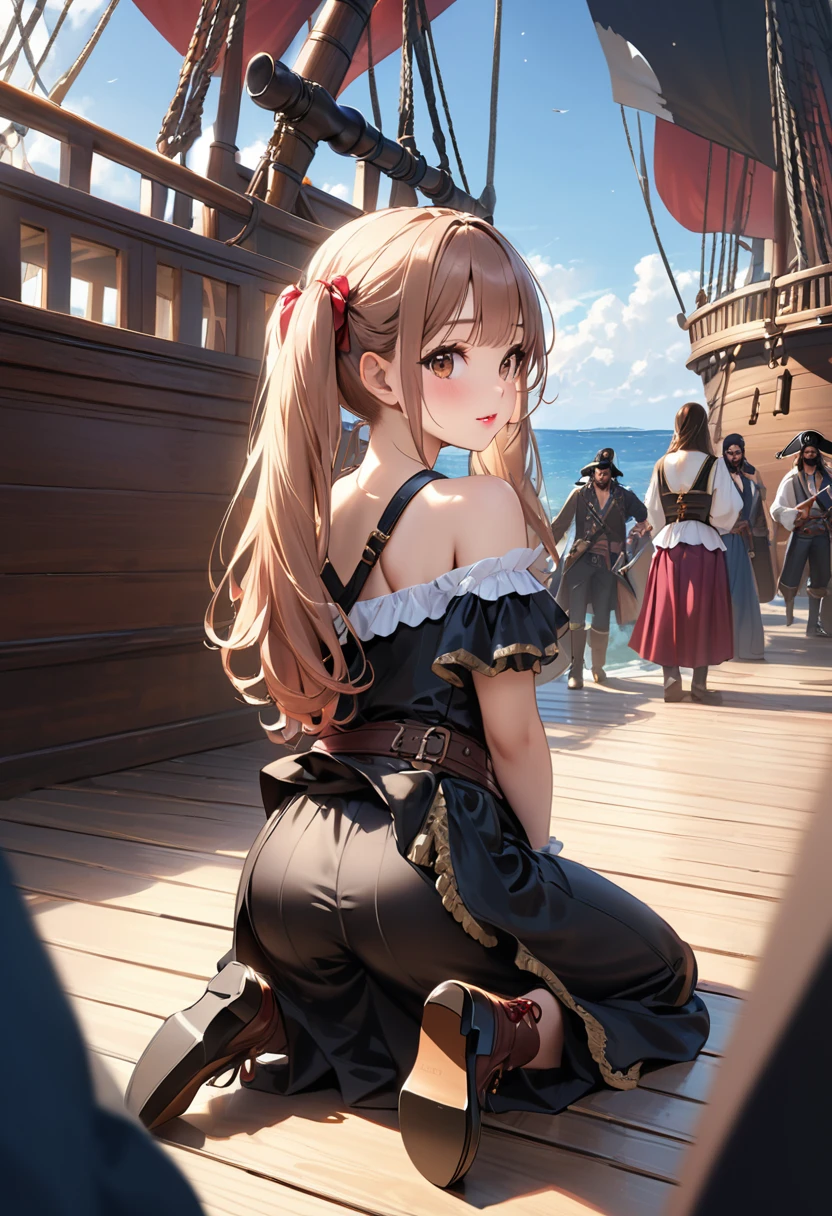Highest quality, masterpiece, Ultra-high resolution, Realistic:1.2, RAW Photos, Intricate details, Portraiture,　Big beautiful brown eyes:1.2, Perfect contours, Perfect proportions:1.2, ((female pirate:1.2)), break　((full body:1.2, ((from behind:1.2)), (look back:1.2), looking away:1.2)), ((petite, short, tiny girl:1.2)), Light Brown Hair、((long hair, twintails:1.2)), (makeup:1.2, full lips:1.3, pink lips:1.3, shiny lips:1.3, parted lips:1.2), ((Pirate costumes:1.2, Pirate Shoes)), break　((Hold your mouth、Place your hands on the floor、Kneeling on the floor、Leaning forward:1.2))、(Crying face:1.2), (The background is the deck of a pirate ship:1.2、There are a few pirates wandering around、Many pirate ships), (Pirate with knife)