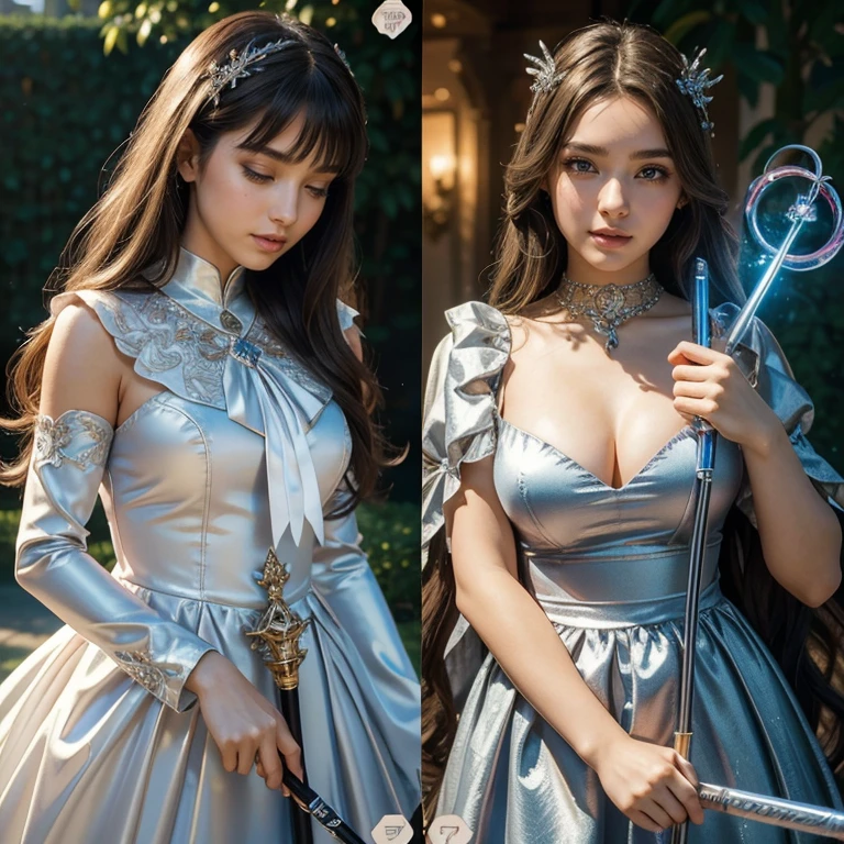 (masterpiece, best quality:1.5), highest quality, High resolution, super detailed, Realists, Upper body photo of a brunette magical girl, detailed and beautiful eyes, beautiful detailed lips, very detailed eyes and face, longeyelashes, shiny satin dress, Holding a magic wand in your hand, Cast a transformation spell, Snake transforms into a long silver richly decorated staff. Magic wands present and shiny, Beautiful and colorful makeup, elegant and noble々The jewelry bag, Gardens as background, soft daylight, bright colors, fine brushstrokes, Portrait style, Silk dress fabric, beautiful color palette, glowing skin, First-class rendering, that captures every detail, enchanting atmosphere, subtle shadows and lights, (perfect anatomy:1.2), (The stunning 14-year-oldrl transforms a snake into a large silver rod. (a transformation with the magic wand:1.4), (magnificent panorama view:1.2)