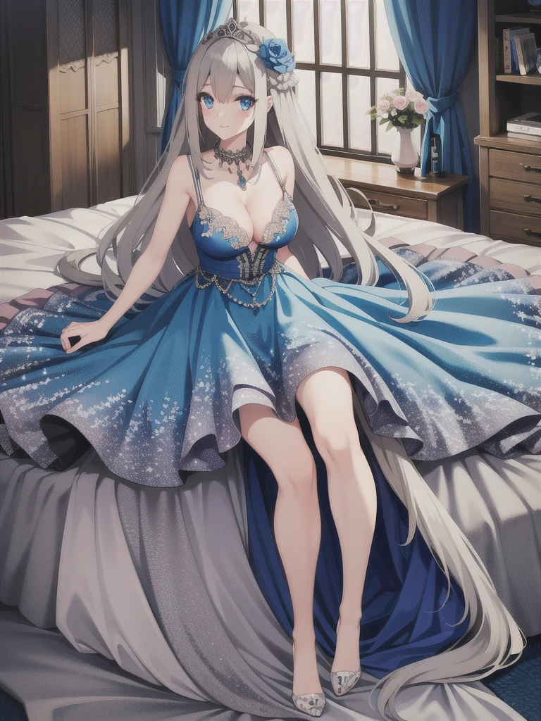 lexington \(warship girls r\),1girl, solo, (8k, masterpiece:1.2),highly detailed,ultra-detailed,masterclass,hair_between_eyes,braid,perfect lighting,medium breasts,hair ornament,(detailed facial features),full body,long_hair,blush,feathers hair ornament,(dark blue wedding dress:1.2) night,windows,indoors,light,indoors,carpet,illustration,cowboy shot,masterpiece,best quality,(MediumBlue evening dress:1.2),
gray long hair(delicate hair),blue eyes(delicate eyes),