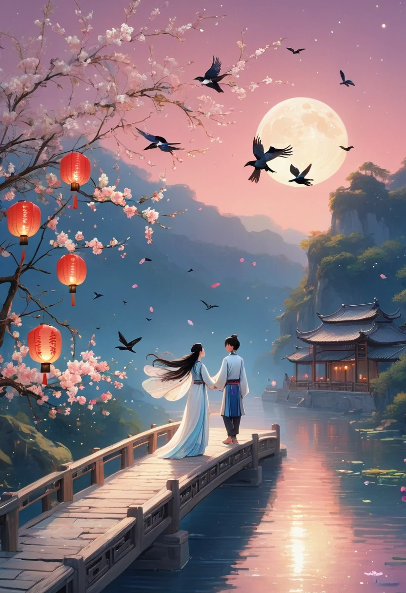 (from bottom,1girl and 1boy standing on the bridge),hugging each other,back view,fullbody,((Many magpies and flowers linger around them)),they are looking at each other,all closed eyes and smile,this girl is wearing a white Chinese fairy costume,The boy have long hair and he is wearing simple traditional Chinese peasant clothing,
summer night,(a Curvy Moon),clear pink sky,((Kongming lanterns,flowers,magpies)),high dynamic range and rich colors,masterpiece,high quality,perfect detail,32K UHD,