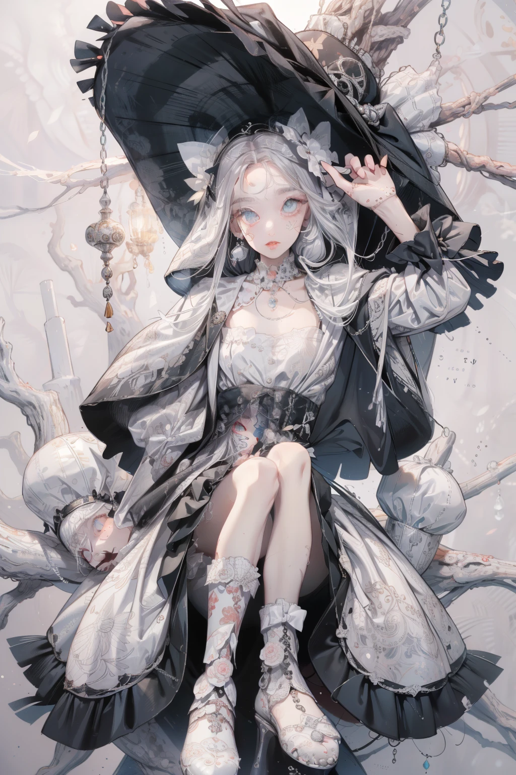 ((best quality)), ((masterpiece)), (detailed), (flat chest:1.1), perfect face, hand drawn style, hand painted style, watercolour, sketch, a knight, white background, plain background, Bloodborne inspired, tatty Bloodborne attire, occult aesthetic, occult, tatty red and white clothing detailed and intricate steampunk and detailed gothic ta (with a hood), diadems, long coat, Complex laced boots, Fluttering lace flared long knee length dress with frilly petticoats, long dress, knee length dress, pleated petticoats, loliress, petticoats gothic lolita, tiful small breasts, (((( Highly detailed face))), small thin nose, Small thin lips mouth, (((Very sharp focused eyes))), Very large slit precision pale grey eyes that shine like jewels. very long eyelashes, Silver hair swaying in the wind, Emitting a dazzling light in a mandala pattern, white background, Very dramatic and cinematic lighting, tatty damaged old red and white clothing, full body, whole body, body, cosmic horror, grim dark