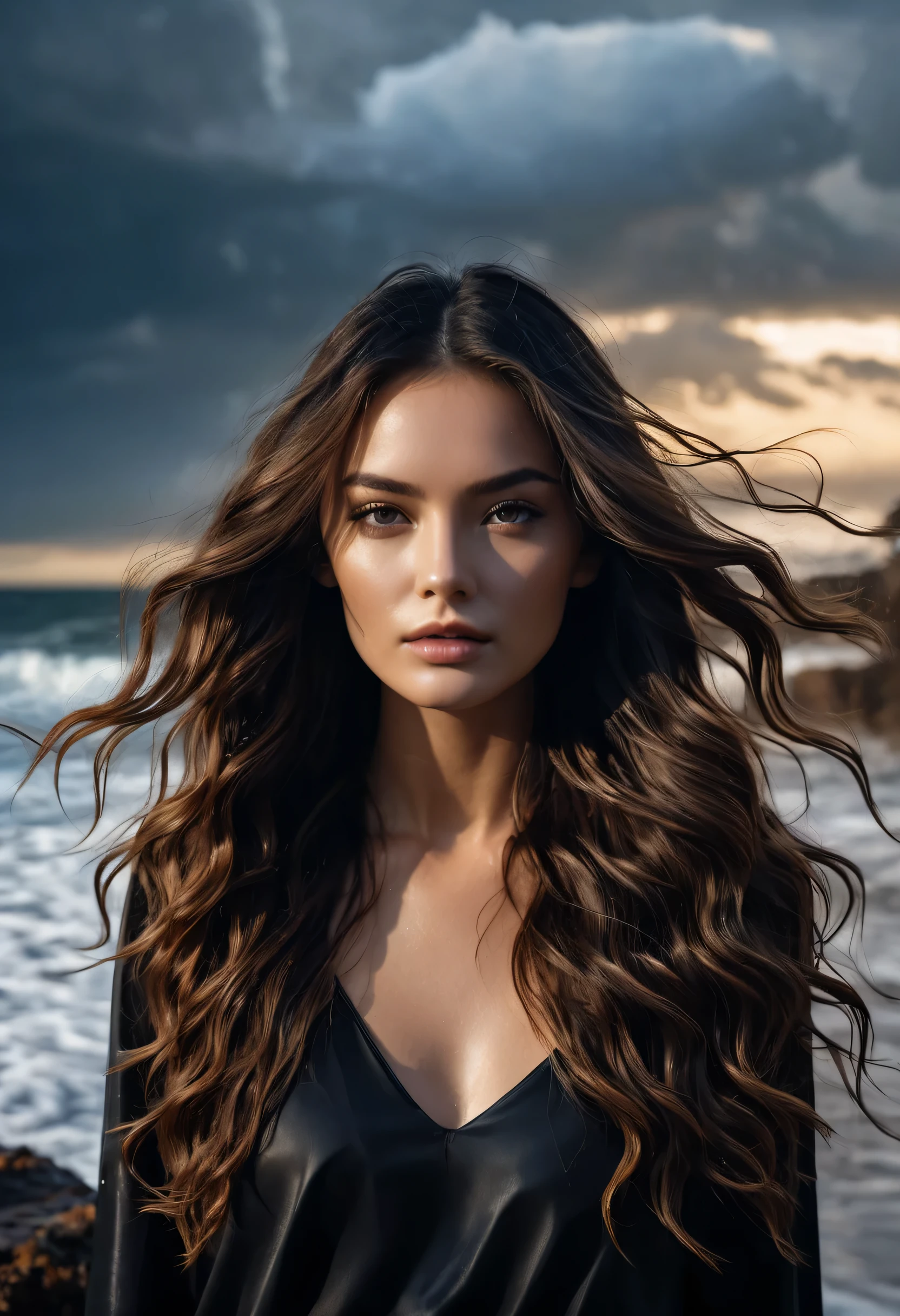 beautiful young woman in black with long hair, in the style of texture layers, reef wave, light brown and light black, Wet-on-wet mixing, wavy, pop inspiration, Breathtaking view, dramatic cinematic lighting, photo realistic, cinematic, movie yet, Shot in the style of the Sony Alpha A7 III camera