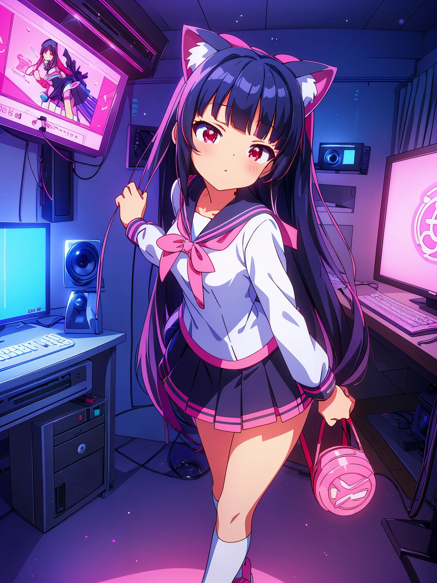 beautiful girl incredible quality perfect anatomy nekomimi 4k vtuber with red eyes multiple color blue and black hair with pink ribbon Short pleated skirt sailor style blouse long sleeve white long stockings pink tennis shoes with black vtuber youtuber in recording studio room PC gamer in the background and cyberpunk LED lights 