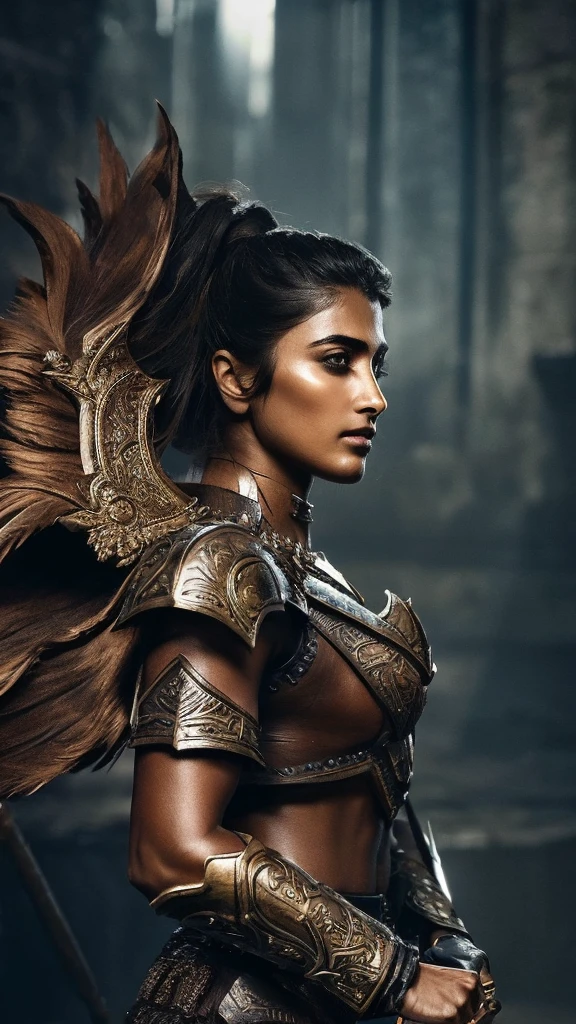 "erotic high quality close-up photograph of Pooja Hegde as a powerful warrior woman, dark and atmospheric setting, confrontational and strong pose, looking at viewer, minimal striking armor, dark metallic, angular shoulder armor, chest plate, ornate belt, minimal cloth, intricate forearm and leg guards, muscular physique, dark skin, practical hairstyle, holding a close-combat staff, dark background, sandy ground, dramatic high-contrast lighting, detailed armor, shadows enhancing form, realistic with fantasy style"