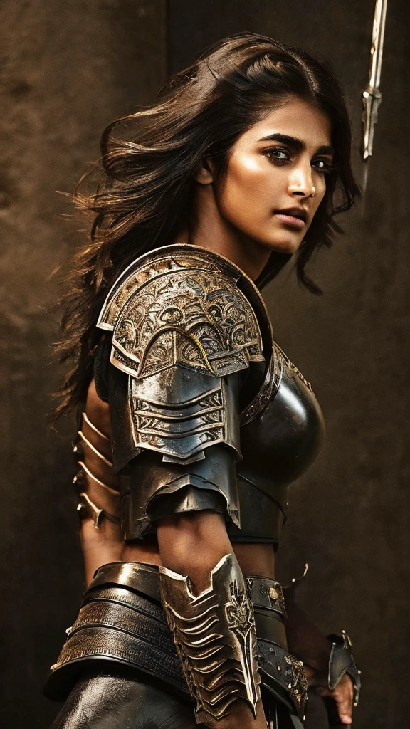"erotic high quality close-up photograph of Pooja Hegde as a powerful warrior woman, dark and atmospheric setting, confrontational and strong pose, looking at viewer, minimal striking armor, dark metallic, angular shoulder armor, chest plate, ornate belt, minimal cloth, intricate forearm and leg guards, muscular physique, dark skin, practical hairstyle, holding a close-combat staff, dark background, sandy ground, dramatic high-contrast lighting, detailed armor, shadows enhancing form, realistic with fantasy style"