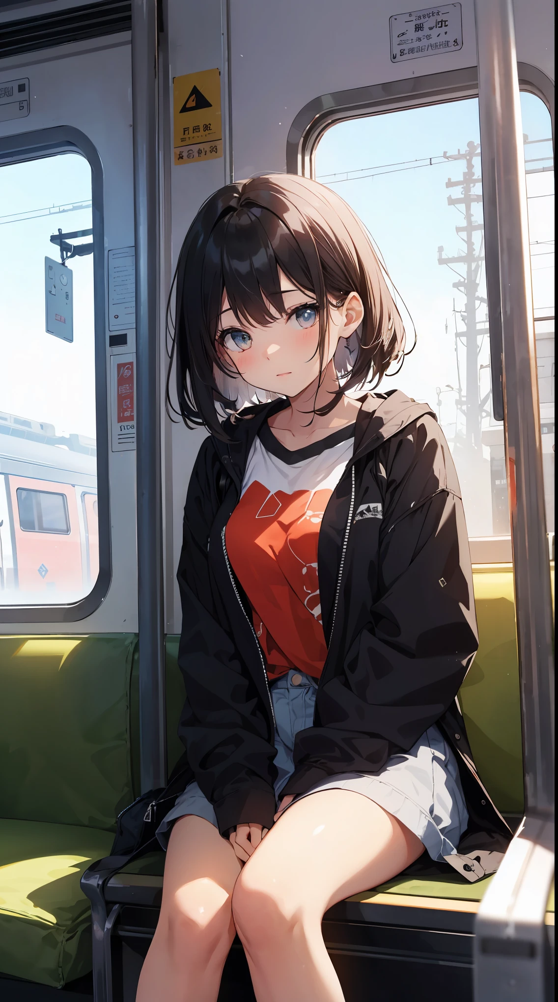 This illustration depicts a cute girl going on a holiday outing. She is in her twenties and has bright eyes. The location is inside the train. The interior of the train is depicted in a very delicate and realistic manner. However, the most noteworthy thing is the "last mysterious high-energy body" she emits. This energy body released from her body has the power to annihilate the garbage in the sky. The blue-white light reaches every corner. He is sitting and dozing, and is wearing boyish clothes. It's summer and it's very hot.
