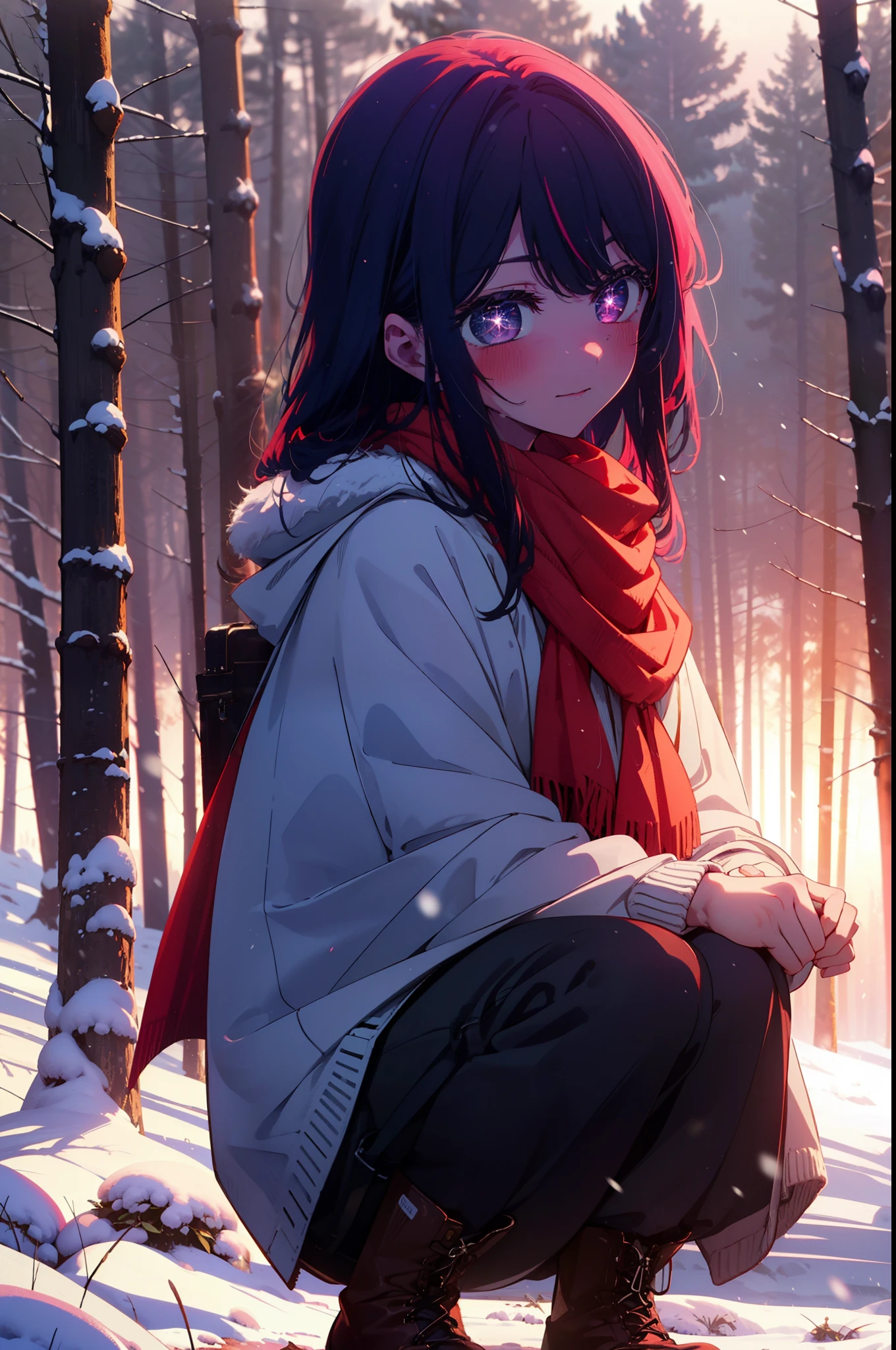 aihoshino, Ai Hoshino, Long Hair, bangs, (Purple eyes:1.1), Purple Hair, (Symbol-shaped pupil:1.5), smile,,smile,blush,white breath,
Open your mouth,snow,Ground bonfire, Outdoor, boots, snowing, From the side, wood, suitcase, Cape, Blurred, , forest, White handbag, nature,  Squat, Mouth closed, Cape, winter, Written boundary depth, Black shoes, red Cape break looking at viewer, Upper Body, whole body, break Outdoor, forest, nature, break (masterpiece:1.2), Highest quality, High resolution, unity 8k wallpaper, (shape:0.8), (Beautiful and beautiful eyes:1.6), Highly detailed face, Perfect lighting, Highly detailed CG, (Perfect hands, Perfect Anatomy),
