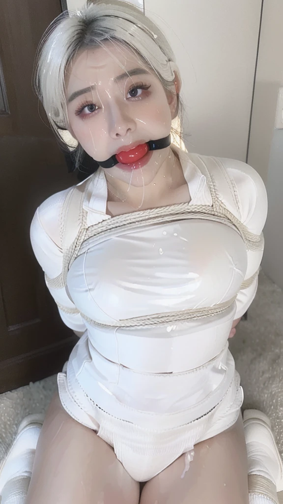 (masterpiece:1.2, top-quality), (realistic, photorealistic:1.4), beautiful illustration, (natural side lighting, movie lighting),
looking at viewer, cowboy shot, front view, 1 girl, japanese, high school girl, perfect face, cute and symmetrical face, (shiny skin, sweaty:1.4), babyface,
(short hair, white hair), hair between eyes, purple eyes, (middle breasts, seductive thighs, big ass),
beautiful hair, beautiful face, beautiful detailed eyes, beautiful clavicle, beautiful body, beautiful chest, beautiful thigh, beautiful legs, beautiful fingers,
((white polo shirt, white sneakers, tennis wear, white miniskirt),
(beautiful scenery), evening, outdoor, sky, realistic pupils, (lovely smile, upper eyes), Ballgag bondage (Shibari,hands tied behind back:1.5), (Shibari:1.21),Tied up, legs tied(((drooling)))(((black sock))) , wet face, sperm everywhere
