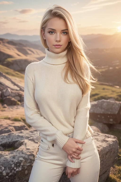 HD, masterpiece,
1 beautiful blonde woman,
23 years old, 
subtle smile, 
flirt with the camera,
she&#39;s a model, pose sexy, 
(european girl:1.2),
(beauty face:1.3),
(on a walk at dawn:1.3), turtleneck wool sweater, skinny jeans,
perfect body, 
perfect hands, 
perfect chest, 
perfect hair, Perfect eyes,
kodak gold, 
No mutation,