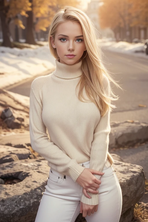 HD, masterpiece,
1 beautiful blonde woman,
23 years old,
subtle smile,
flirt with the camera,
she's a model, pose sexy,
(european girl:1.2),
(beauty face:1.3),
(on a walk at dawn:1.3), turtleneck wool sweater, skinny jeans,
perfect body,
perfect hands,
perfect chest,
perfect hair, Perfect eyes,
kodak gold,
No mutation,