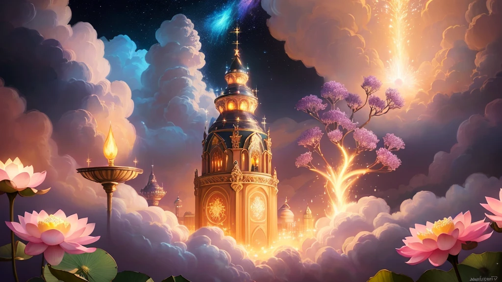 Heavenly city, Cozy heavenly city, City of angels, abode of angels, Very fluffy and delicate clouds under the lotus flowers, below the magical heavenly city sparkles with yellow light, A magical cozy city under the clouds, A masterpiece full of fantasy elements, best quality, high resolution, super detailed, High detail in illustration style, Very detailed CG unity 8k wallpaper, Multi-colored sparks swirl around the flower, Fantasy, Intricate, elegant, Highly detailed, Digital Painting, Artstation, Concept art, Matte, Clear Focus, illustartion. Very High Definition, Masterpiece, Amazing, Trendy ArtStation, Aesthetic illustration in realistic style, magical atmosphere, beautiful and dreamy, fantasy style, dreamlike fantasy art