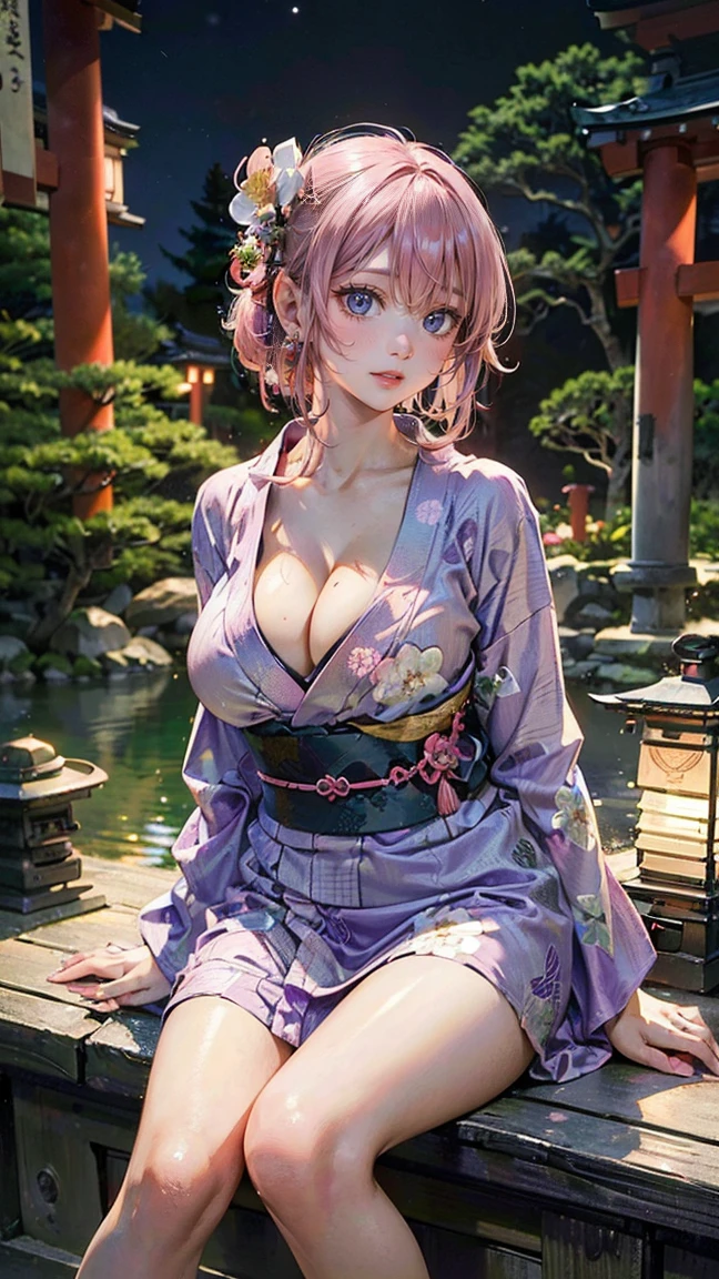 ((Highest quality, 8k, masterpiece :1.3)), (Sharp focus :1.2, Beautiful woman with perfect figure :1.4, Slim Abs), ((Big Breasts, Emphasize cleavage:1.2)), (Photorealistic:1.4), (realistic:1.4), (Pink Hair:1.5), Highly detailed face and skin texture, Fine grain, double eyelid. Makeup face, A little bit of lipstick, sex appeal, Sexy gravure pose, ((A woman wearing a purple yukata、Sitting in front of a stone lantern in a Japanese garden at night、She smiles gracefully while showing off her legs.。:1.3))