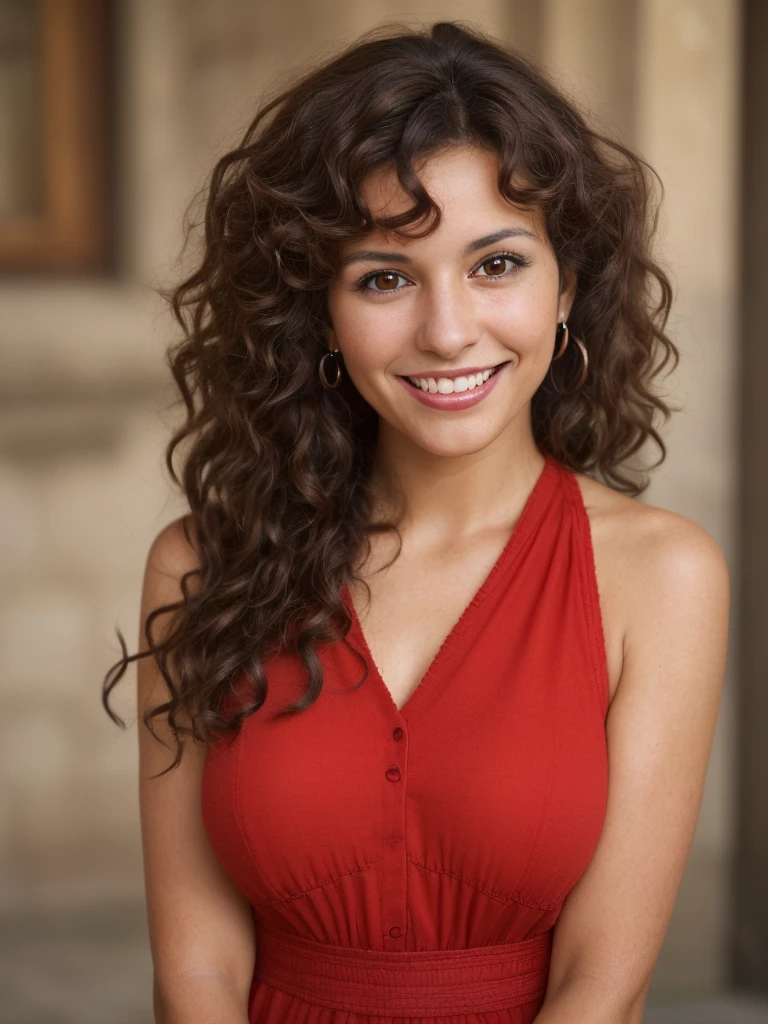 A woman of 24, dark brown hair with a lot of curl, brown eyes, loves the color red. With a smile when she looks at the camera.
She is spanish